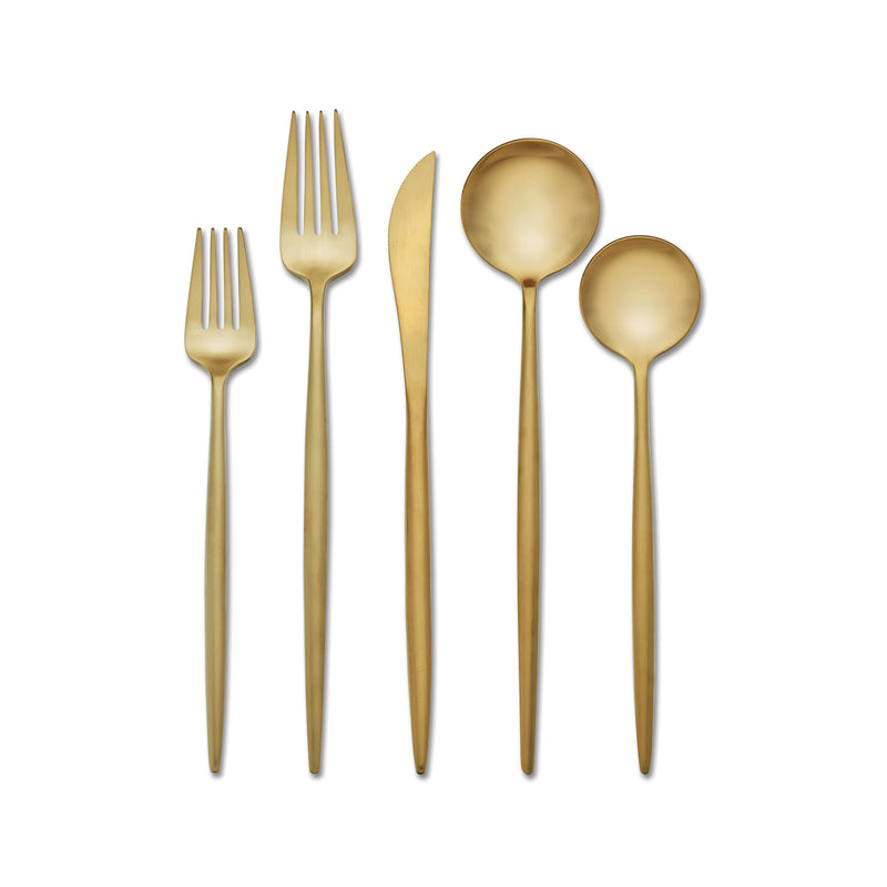 Gold-tone satin stainless flatware set with fork, knife, and spoon pieces