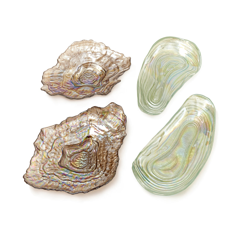 Set of four oyster and clam sea glass plates, iridescent pearl and green glass tones