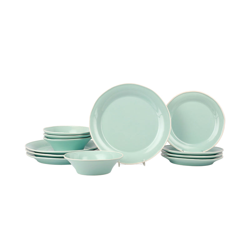 Aqua Chroma 12-piece dinnerware set for 4, mixed plates and bowls, glossy ceramic
