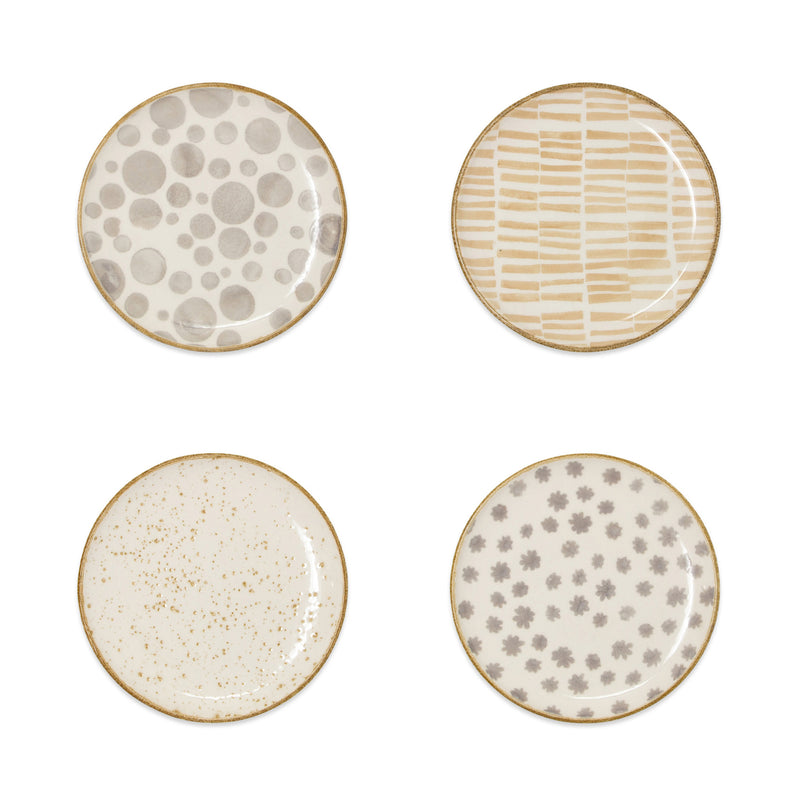 Set of 4 round dinner plates, assorted Earth patterns: dots, stripes, speckles, motifs