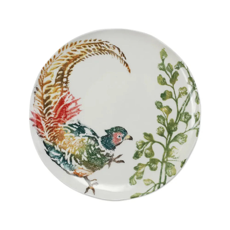 Vietri Fauna pheasant salad plate with colorful bird and green leaf design
