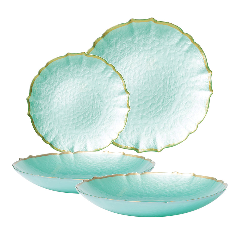 Aqua glass dinnerware set with scalloped edges: dinner plates and bowls