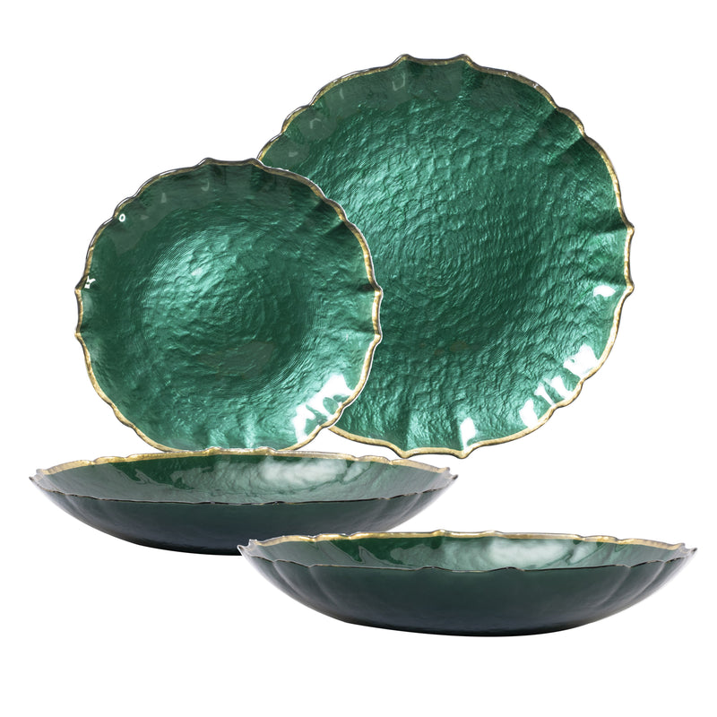 Emerald green glass dinner plates and bowls with scalloped edges and gold trim