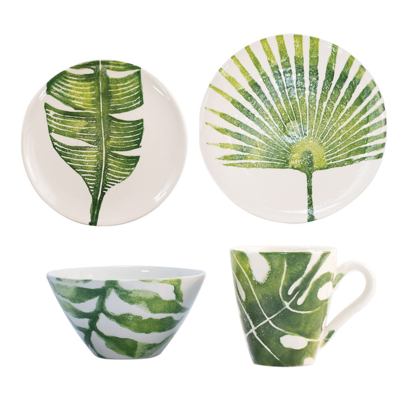 Vietri Into the Jungle green leaf dinnerware: plates, bowl, and mug set