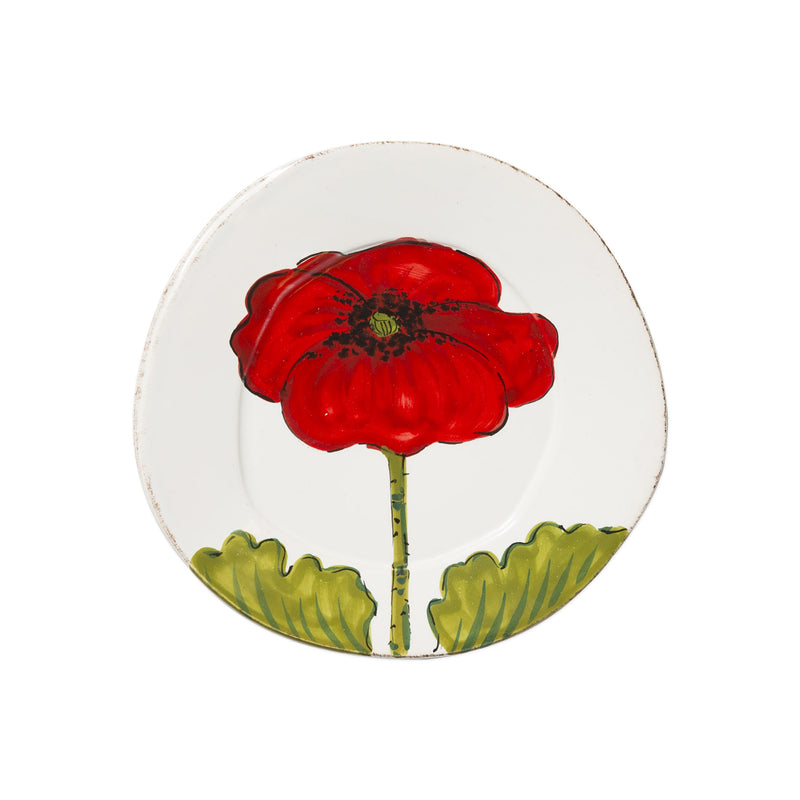 Vietri Lastra poppy salad plate: round white ceramic with red poppy and green leaves