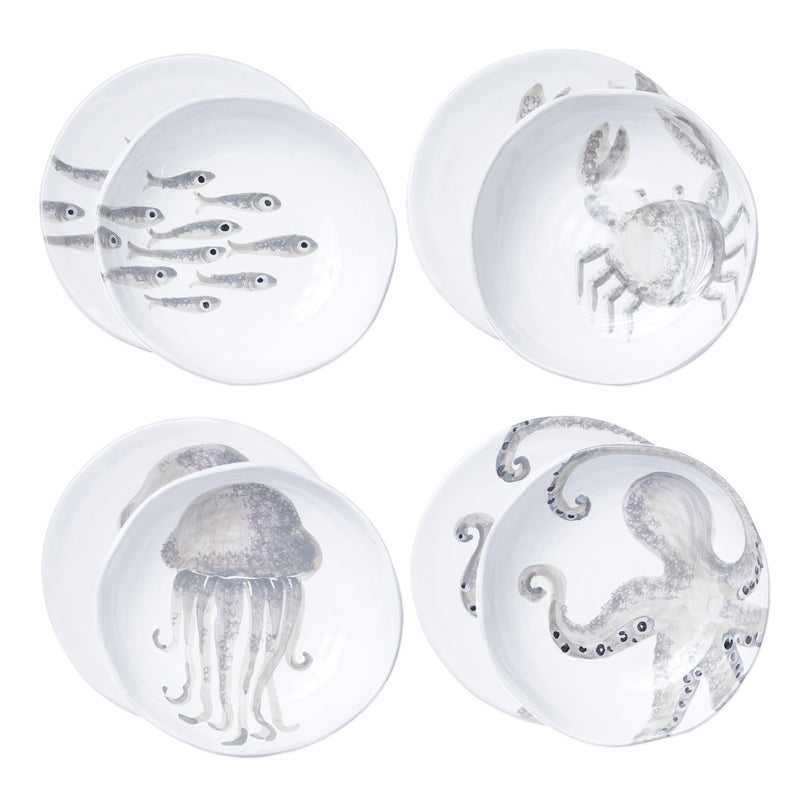 Set of 4 white ceramic pasta bowls with gray sea-life designs