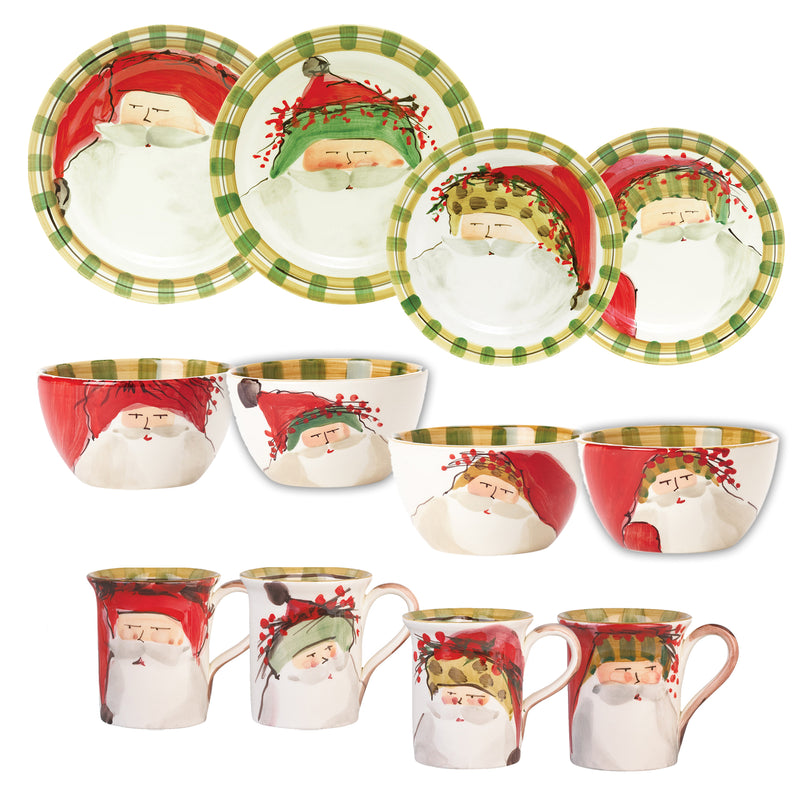 Vietri Old St. Nick assorted dinnerware set with bowls and mugs, Santa faces