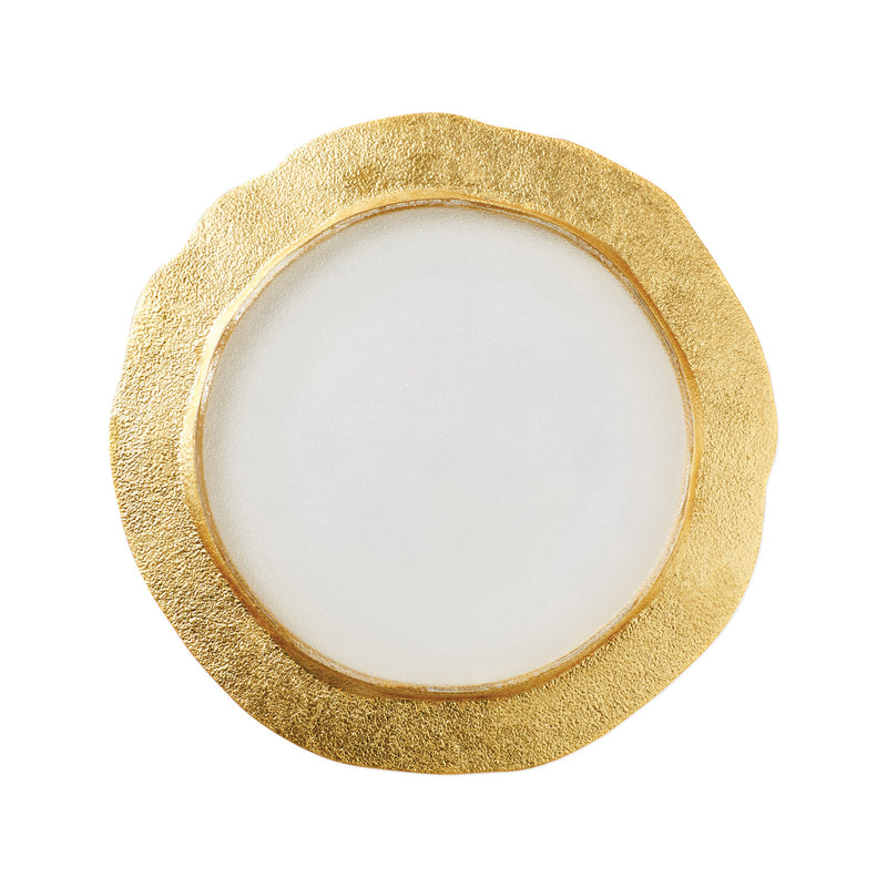 Vietri Rufolo gold glass organic charger with textured gold rim and clear center