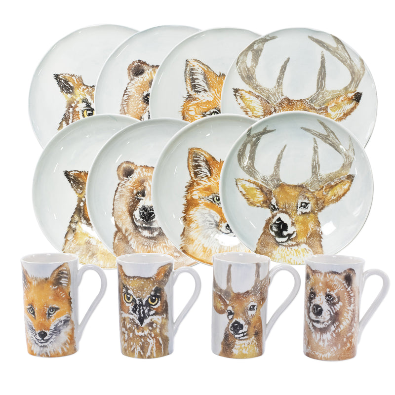 Vietri ceramic mug set of 4 with deer, fox, and cat animal prints, white