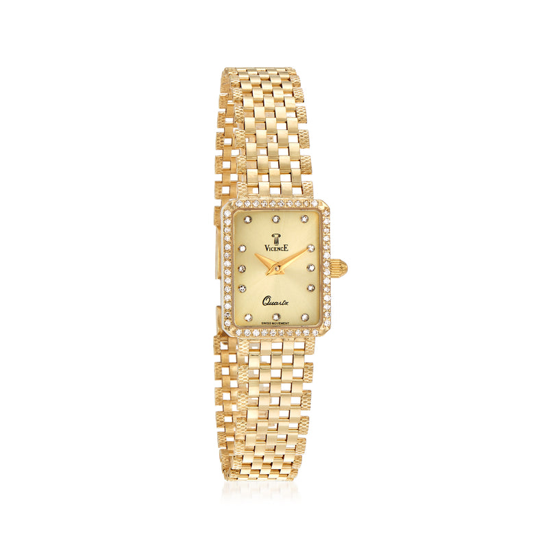 Vicence women's 14kt yellow gold diamond watch, rectangular dial, mesh bracelet