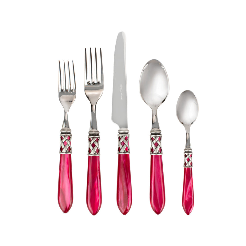 5-piece place setting flatware set with silver handles and raspberry pink grips