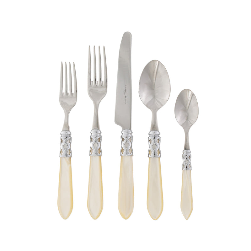 5-piece cutlery place setting with ivory handles and polished silver utensils