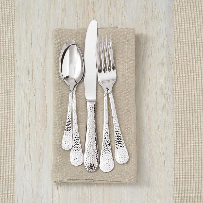 Hammered stainless steel flatware: spoon and fork, textured handles