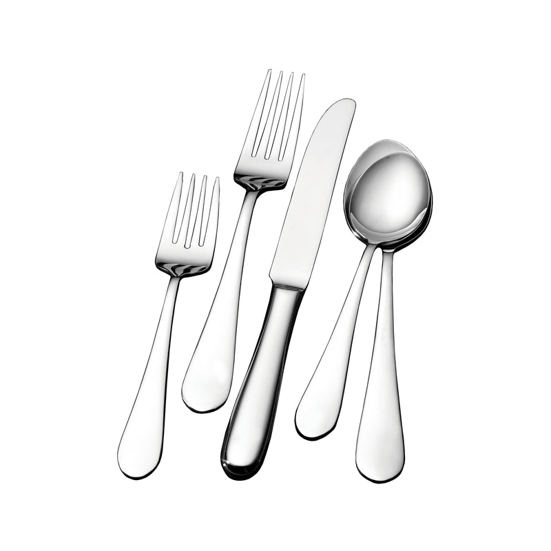 Stainless steel flatware set with forks and spoons, polished mirror finish