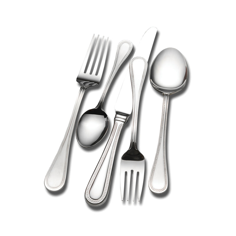 Stainless steel flatware set with beaded handles, includes forks, spoons, and serving knife