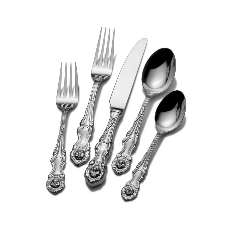Stainless steel flatware set with lion embossed handles, includes forks, knife, and spoons