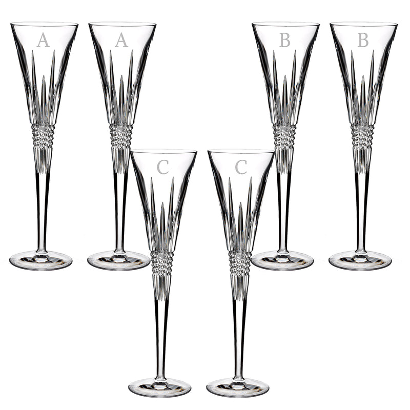 Clear crystal toasting flutes with faceted diamond pattern and block initial, pair set