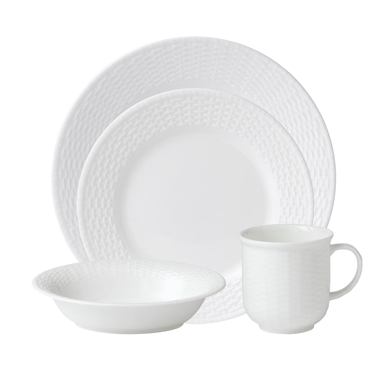 White Wedgwood Nantucket Basket dinnerware set with dinner plate, bowl and mug