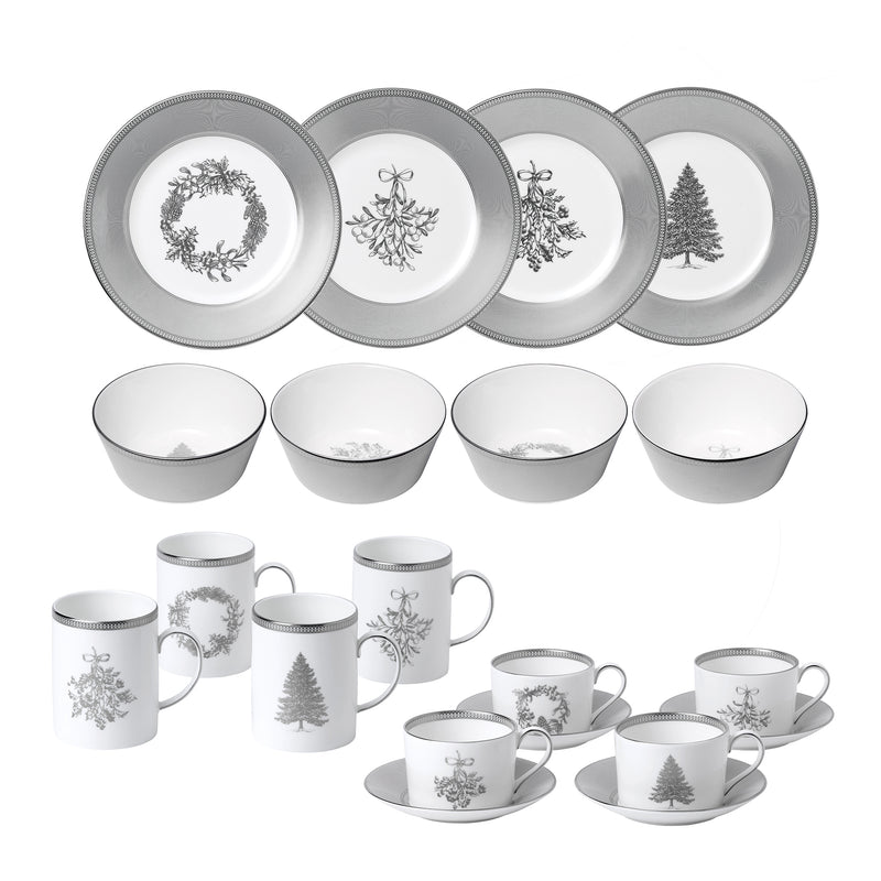 Wedgwood Winter White dinnerware set with plates, bowls, mugs, and teacups with saucers