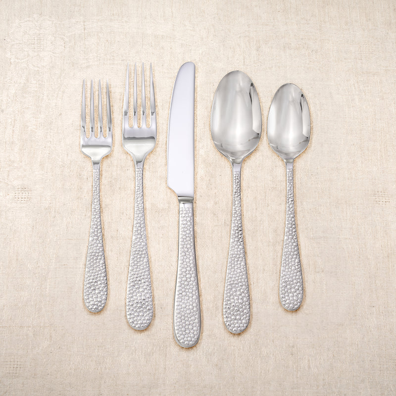 18/10 stainless flatware set with pebble-textured handles: forks, spoons, knife