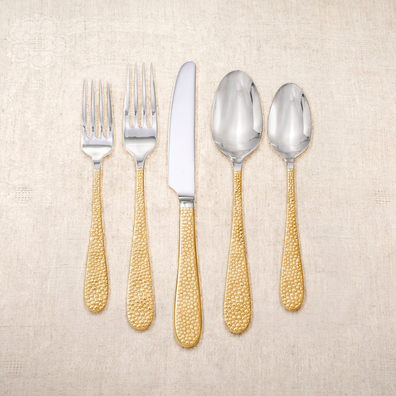 Yamazaki Pebble flatware set: gold textured handles with stainless forks and spoons
