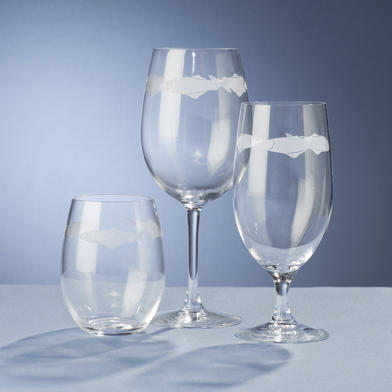 4-piece stemmed wine glasses with etched fish design, clear glass