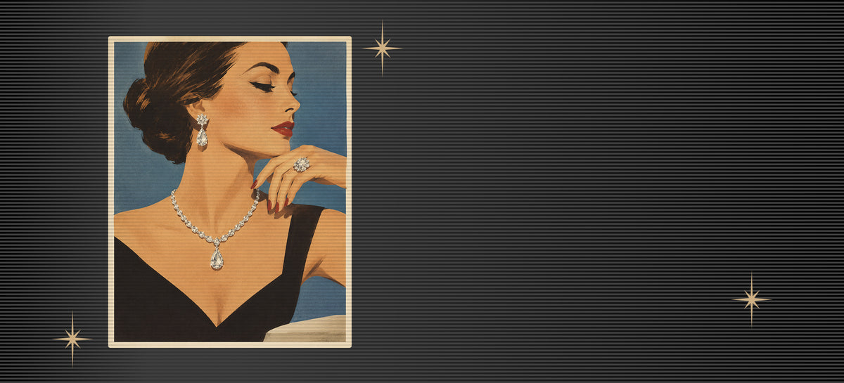 women looking right wearing diamond earrings, necklace, and rring