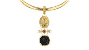 Italian Tagliamonte Carved Onyx and .30 Carat Ruby Pendant with Cultured Pearls in 18kt Gold Over Sterling