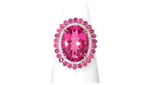 8.25 Carat Pink Topaz and .90 ct. t.w. Ruby Ring with .19 ct. t.w. Diamonds in 14kt Yellow Gold