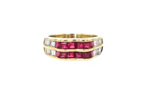 C. 1980 Vintage 1.79 ct. t.w. Ruby and 1.05 ct. t.w. Diamond Scalloped Ring in 18kt Yellow Gold. Size 6.5