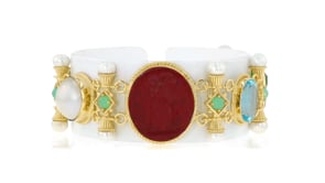 Italian Tagliamonte Multicolored Venetian Glass and 10.00 Carat Sky Blue Topaz Bracelet with Chrysoprase, 14-15mm Mabe Pearls and 6-6.5mm Cultured Pearls in 18kt Gold Over Sterling. 7.5"