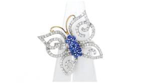 C. 1990 Vintage 1.30 ct. t.w. Diamond and .75 ct. t.w. Sapphire Butterfly Ring in 18kt White Gold. Size 6.5
