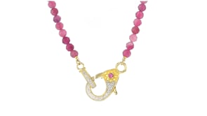 45.00 ct. t.w. Pink Tourmaline Bead and .11 ct. t.w. Diamond Lobster Clasp Necklace with Single Rhodolite Garnet in 18kt Gold Over Sterling