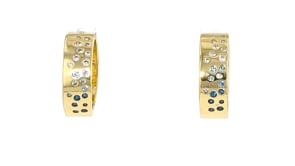 14kt Yellow Gold-Plated Hoop Earrings with Simulated Tonal Blue and White Gemstones. 7/8"