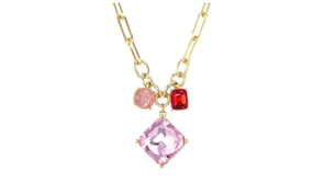 14kt Yellow Gold-Plated Paper Clip Link Necklace with Simulated Tonal Pink and Red Gemstones. 18"
