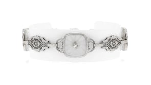 C. 1950 Vintage 15.00 ct. t.w. Rock Crystal Openwork Station Bracelet with Diamonds in Platinum. 7.25"