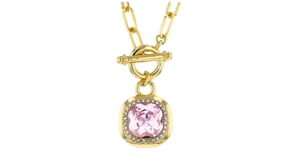 14kt Yellow Gold-Plated Toggle Necklace with Simulated Pink and White Gemstones. 18"