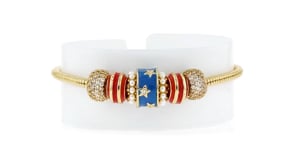 14kt Yellow Gold-Plated and Multicolored Enamel Patriotic Bead Charm Bracelet with Simulated Gemstones and Pearls. 7"