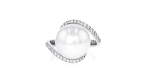 13-14mm Cultured South Sea Pearl Ring with .24 ct. t.w. Diamonds in 14kt White Gold. Size 6.5