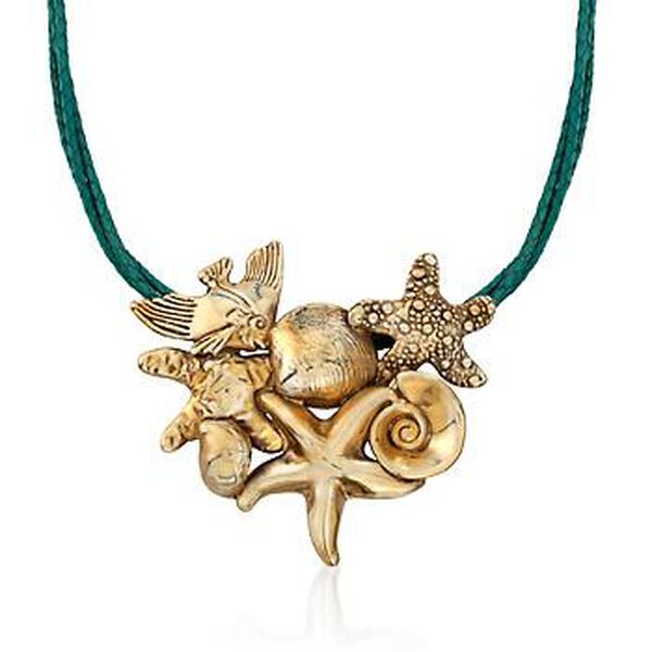 24kt Yellow Gold Over Sterling Silver Sea Life Pin Pendant Necklace With Green Leather. #818408