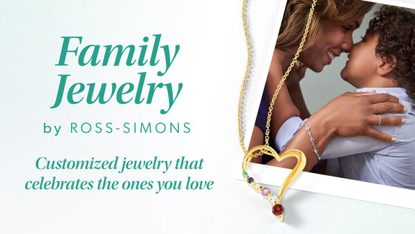 Family Jewelry by Ross-Simons. Celebrate the ones you love. Image Featuring a mother and son embracing, with a gold heart necklace with gemstones laid over the top.