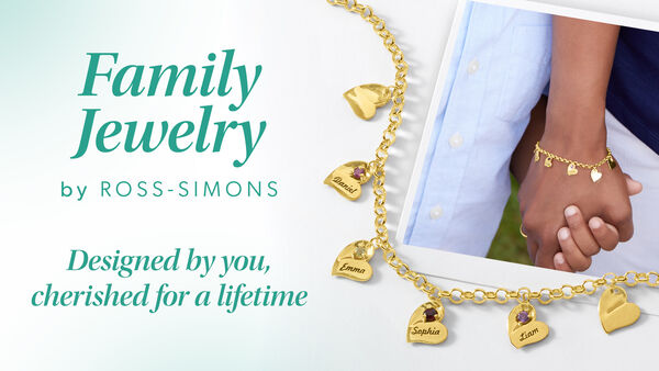 Family Jewelry by Ross-Simons. Designed by you, delivered within ten days. Image Featuring a mother and son holding hands, with a gold heart charm bracelet laid over the top.