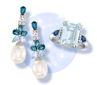Something Blue. A tradition to treasure. Image of blue gemstone ring, earrings and pendant.