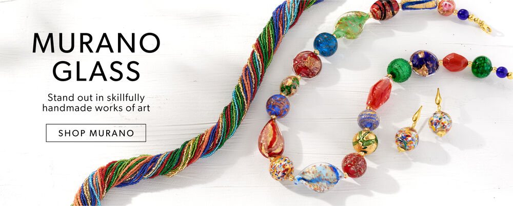 Murano Glass. Handcrafted By Skillful Artisans. Image Featuring Glass Bead Necklace on White Stucco Background