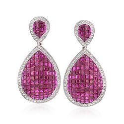19.00 ct. t.w. Ruby and 1.90 ct. t.w. Diamond Pear-Shaped Drop Earrings in 18kt White Gold