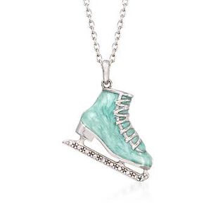 Light Blue Enamel Ice Skate Pendant Necklace With Diamond Accents in Sterling Silver. #822462