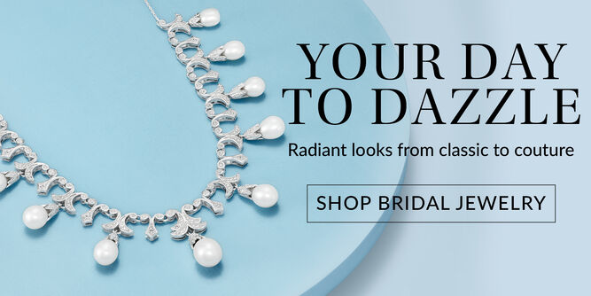 Your day to dazzle. Radiant looks from classic to couture. Shop bridal jewelry. Image of diamond earrings and pearl necklace.