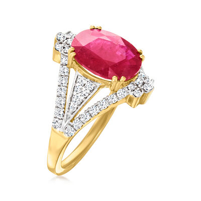 3.20 Carat Oval Ruby and .57 ct. t.w. Diamond Ring in 14kt Yellow Gold