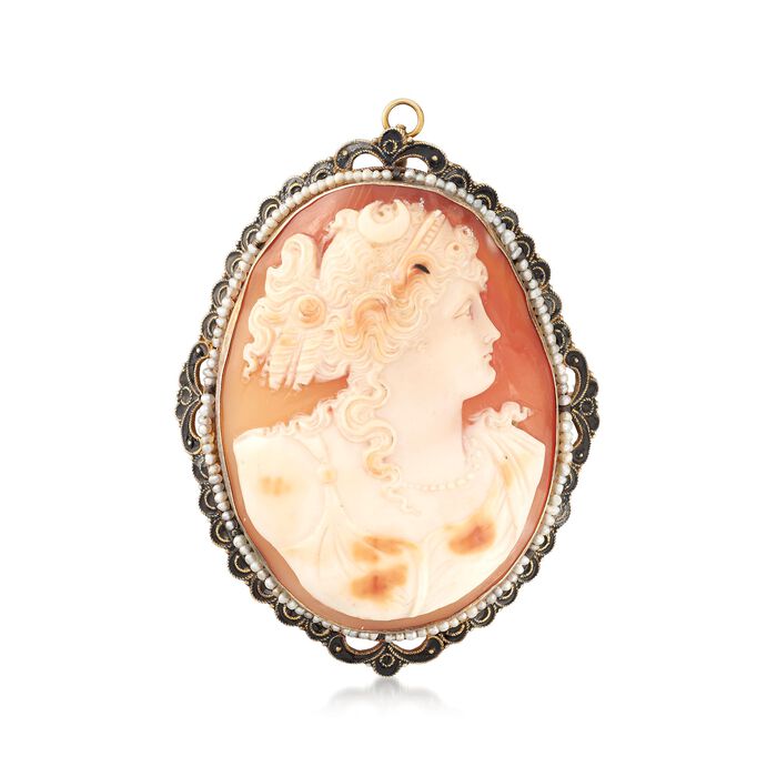 C. 1940 Vintage Shell Cameo and Cultured Seed Pearl Pin Pendant in 14kt Yellow Gold
