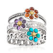 Turquoise, .50 ct. t.w. Garnet and .20 ct. t.w. Amethyst Jewelry Set: Three Flower Rings in Sterling Silver